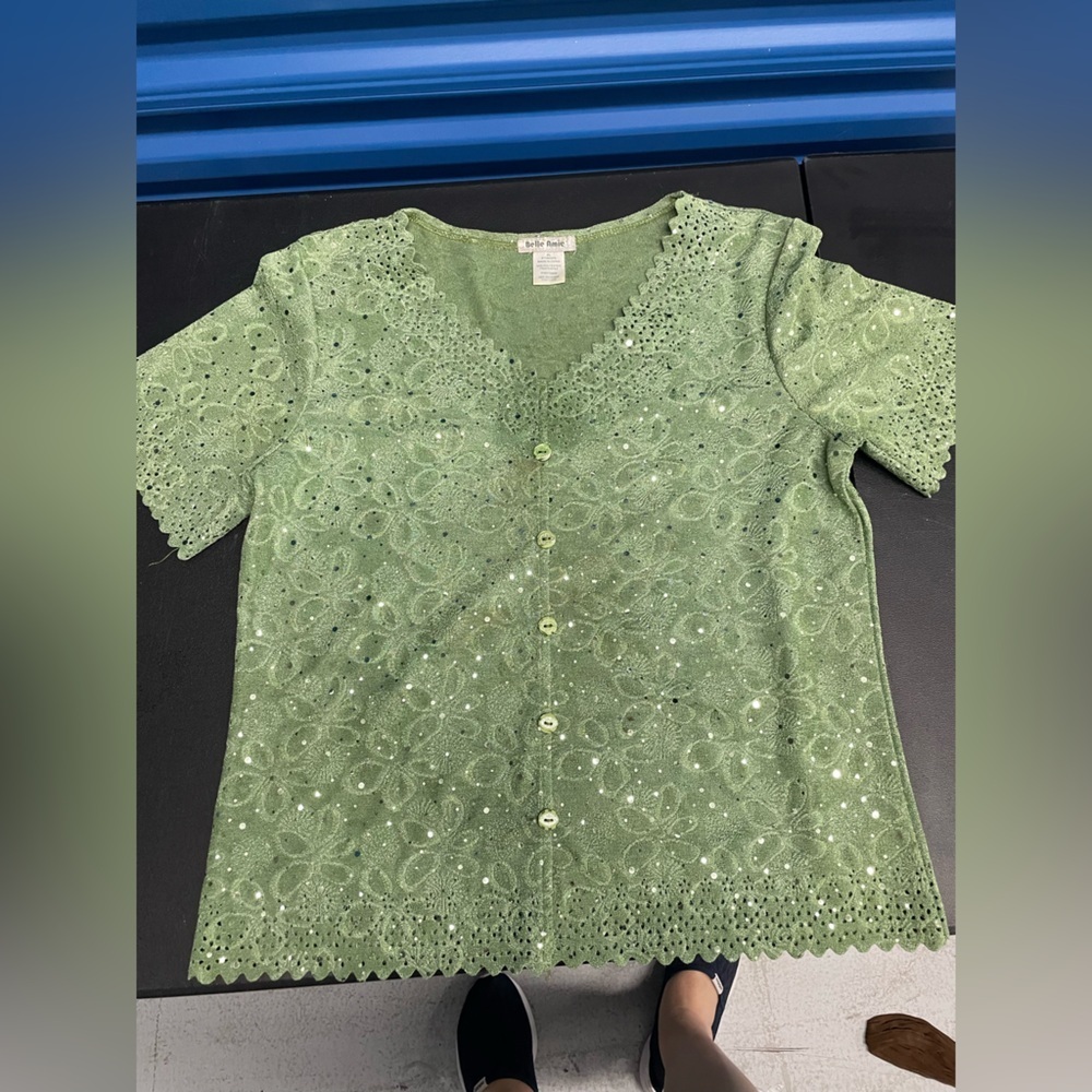 Eyelet Lace Button-Front Top in Light Green